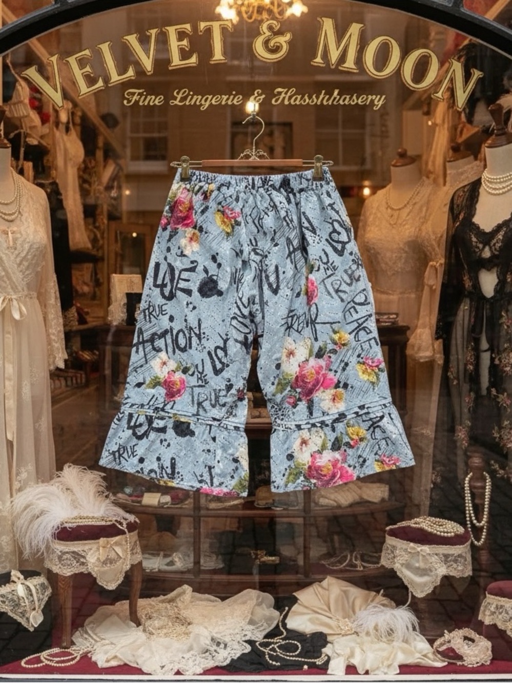 Smokey Gray Floral Graffiti Ruffle Hem Bloomer Pants